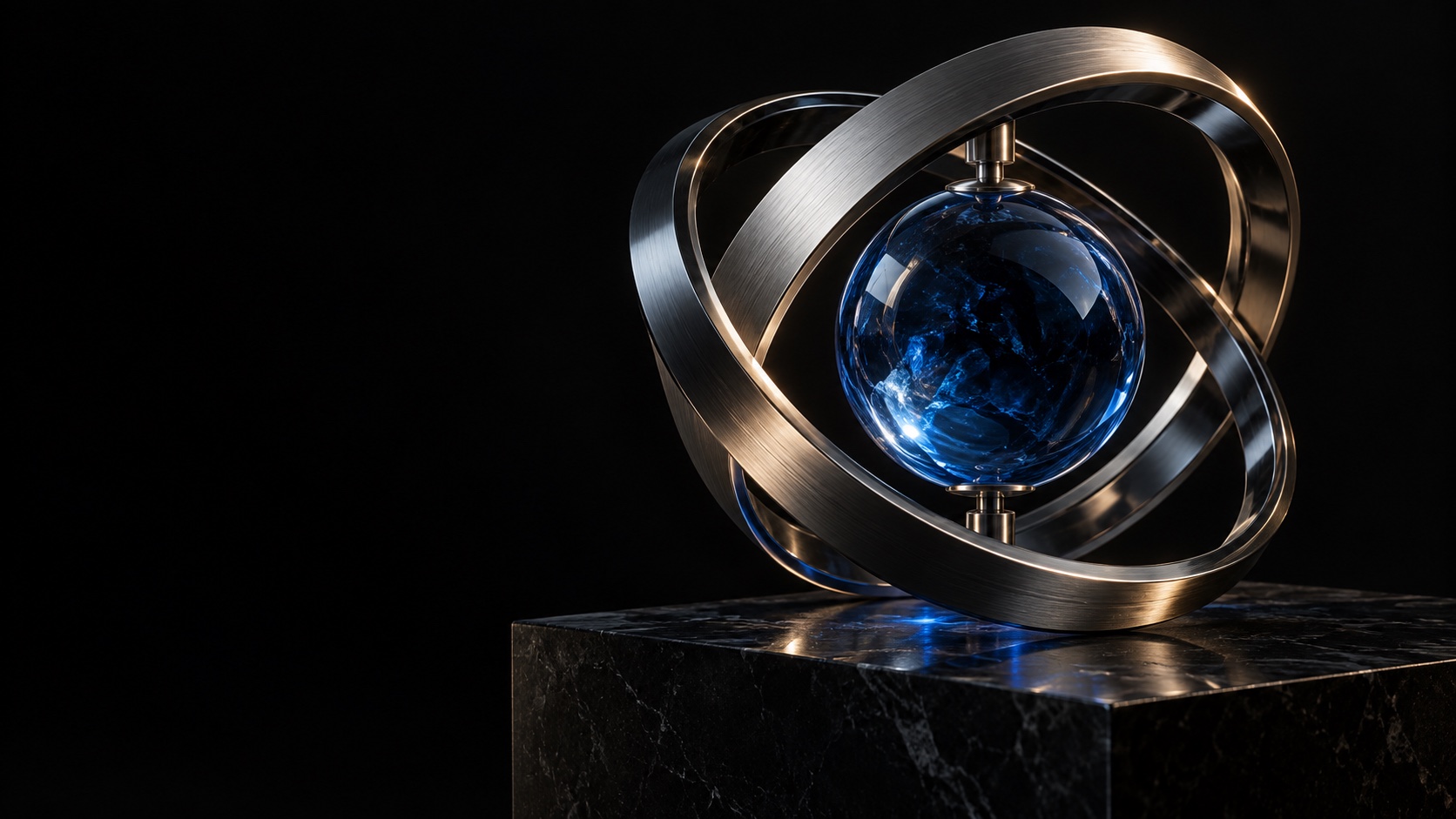 A blue glass sphere suspended within precision titanium rings on an obsidian pedestal